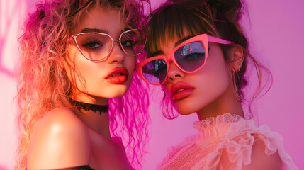 Fototapeta premium A vibrant portrait of young girl from the 80s and 90s, featuring bold neon colors. Vintage trends
