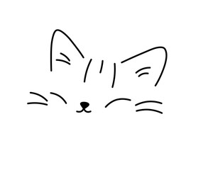 Vector isolated one single cute cartoon funny smiling cat head muzzle doodle colorless black and white contour line easy drawing