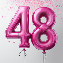 Pink birthday / anniversary balloon, number 48, white background with confetti