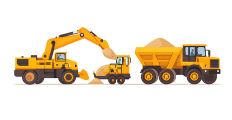 Excavator and Dump Truck at a Construction Site with Workers Operating Heavy Machinery