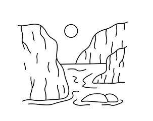 Vector isolated simple mountains and sea landscape colorless black and white contour line easy drawing
