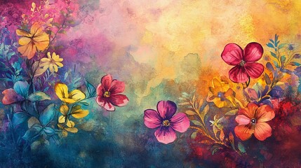 Grunge style beautiful, colorful, abstract art. Paper texture. Colorful painting. Watercolor background with flowers and plants.