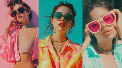 A vibrant portrait of young girls from the 80s and 90s, featuring bold neon colors, high-waisted jeans, scrunchies, and big hair. They exude youthful energy and nostalgic charm