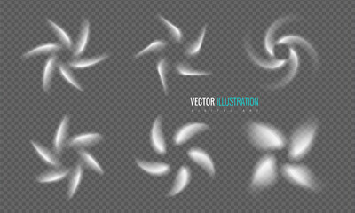 Air swirling currents forming fan circular shapes on transparency grid. Set elements for airflow, breeze, and movement, cooling systems, air conditioning, and ventilation. Vector
