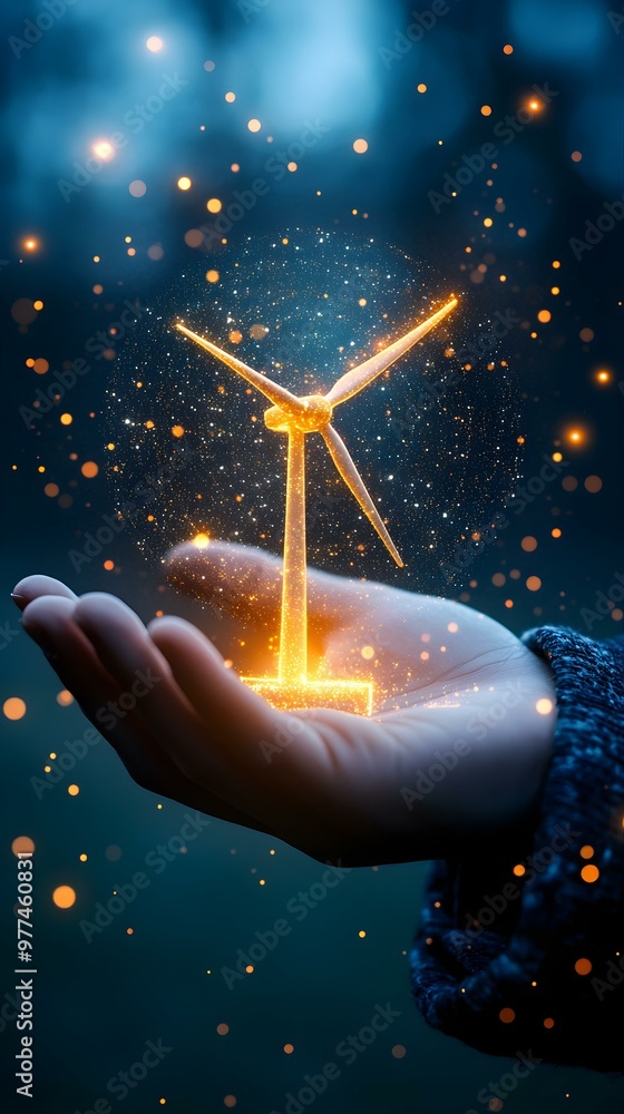 Wall mural hand holding glowing wind turbine - renewable energy concept.