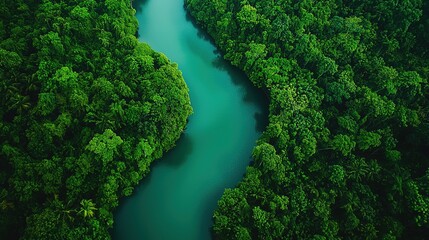 Fototapeta premium Lush Green Winding River Snaking Through the Vibrant Tropical Forest