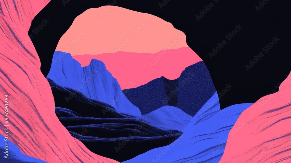 Poster cave with undulating purple and turquoise forms in 3d.