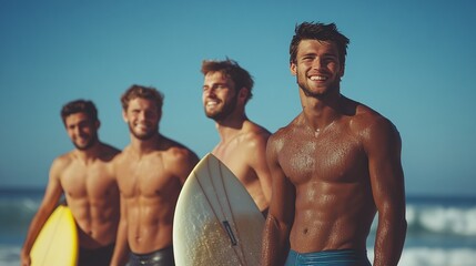 joyful men with surfboards on the beach, celebrating their diversity and shared love for surfing and ocean adventures in the summer sun