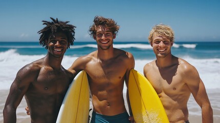 diverse group of friends enjoying a day at the beach with surfboards, capturing the essence of fun, relaxation, and outdoor lifestyle