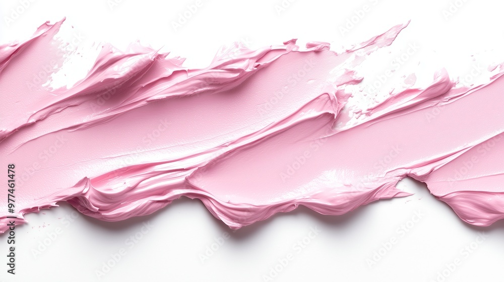 Poster a smooth stroke of pink paint displayed on a white surface highlighting the texture and vibrancy of 