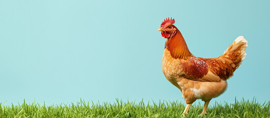 Hen stands on a grass with blue background banner with space for text