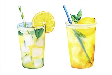 Refreshing lemon mint drinks with ice cubes, one mint lemonade and one iced tea, colorful cups