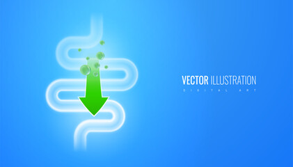 Intestinal metabolism vector illustration. Abstract digestive tract and arrow as a symbol of the effect of drugs to improve digestion - medical banner