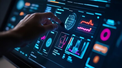 Obraz premium Real-time usability dashboard, digital satisfaction scores, glowing interaction insights, futuristic design assessment