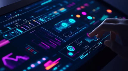 Fototapeta premium Real-time user engagement analyzer, holographic metrics dashboard, glowing behavior insights, futuristic UX monitoring