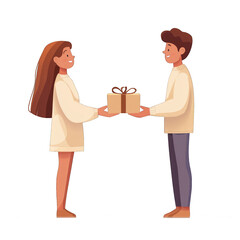 Fototapeta premium A young couple joyfully exchanging a gift, symbolizing love and celebration in a colorful and cheerful illustration. transparent background
