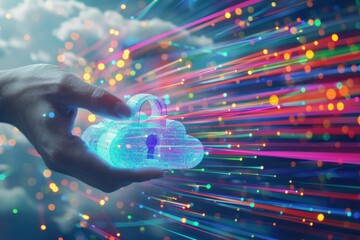 A glowing digital cloud with a padlock held in a hand, surrounded by vibrant light trails and a cloudy sky backdrop