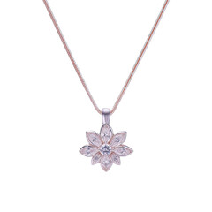 A gold and diamond flower pendant with a silver chain