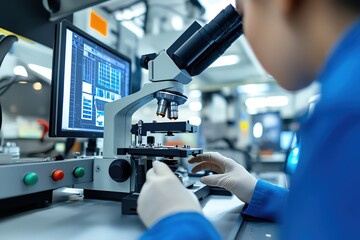 Fototapeta premium A scientist examines a specimen under a microscope in a modern laboratory. Innovation and research in the science field.