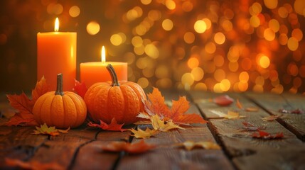 Warm autumn scene with small pumpkins and glowing candles on wooden table. Thanksgiving celebration