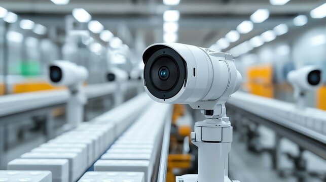 Close-up of a modern surveillance camera in a high-tech factory setting, capturing detailed images for security and monitoring.