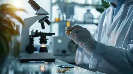 Scientist in lab coat holding vial of experimental drug, with microscope and scientific equipment, symbolizing drug trials and medical research process.