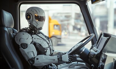 Fototapeta premium A high-tech humanoid robot takes control of a driverless truck on a modern roadway. The advanced AI technology ensures precision and efficiency in automated transportation.