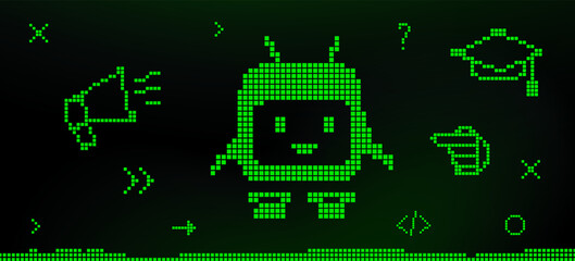 Robot pixel art with educational icons in retro style on black digital background. Concept of teaching coding to children and teenagers, programming, educational materials in STEM fields. Vector