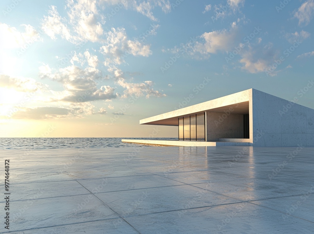 Poster a 3d render of abstract architecture with an empty concrete floor and a car presentation.