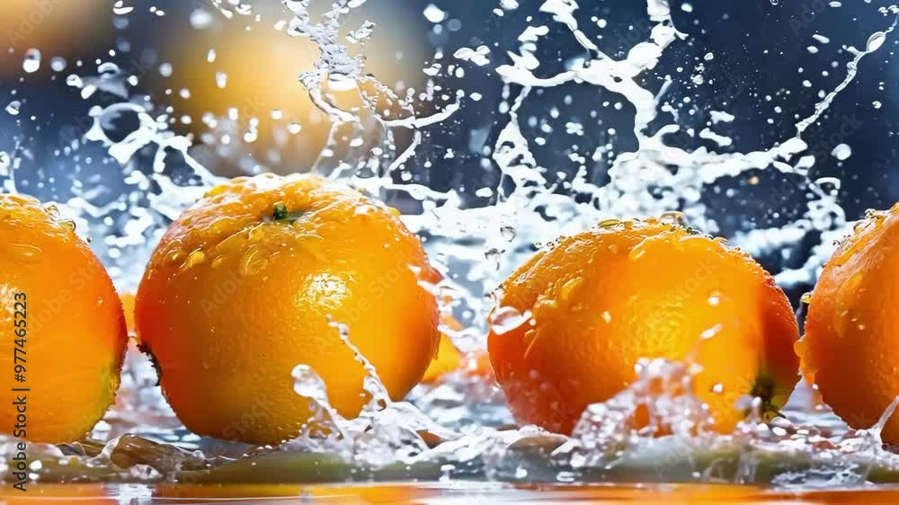 Poster fresh oranges splashing in water, creating bubbles and a vibrant, refreshing scene.