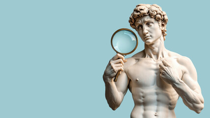 A classic statue holds a magnifying glass, capturing a sense of curiosity and exploration in a tranquil setting.