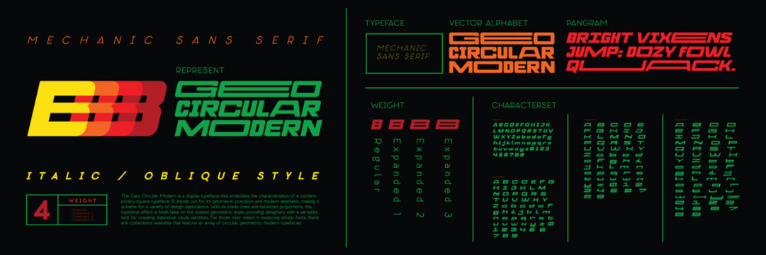 GEO CIRCULAR MODERN SANS SERIF FONT ALPHABET LOGO REGULAR, OBLIQUE-ITALIC, geometric design and unique characters. An expanded typeface with bold, square contemporary design, for headlines. 