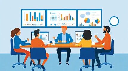 A team meeting in a modern office setting, discussing data displayed on screens.