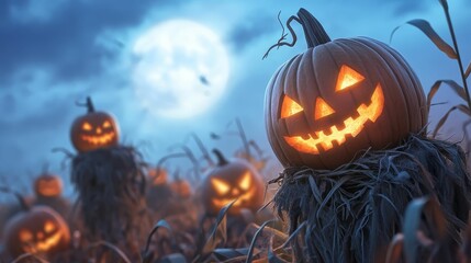 Halloween skincare routine with a model applying a pumpkin face mask, surrounded by spooky decorations and glowing candles