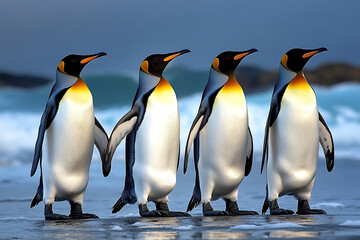 Fototapeta premium Four king penguins walking along a beach with waves in the background.