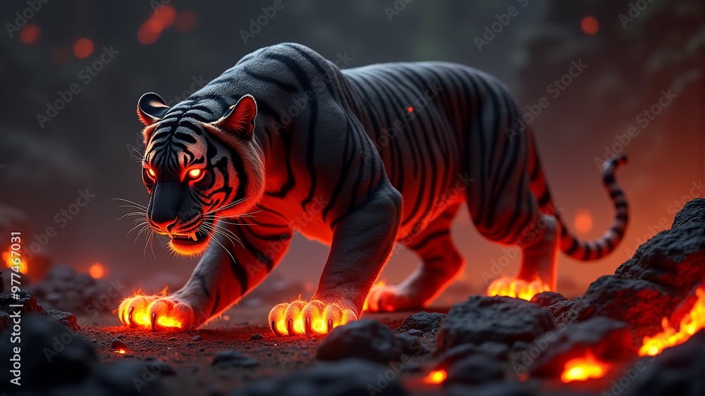 Poster a tiger with glowing eyes is walking on the ground.