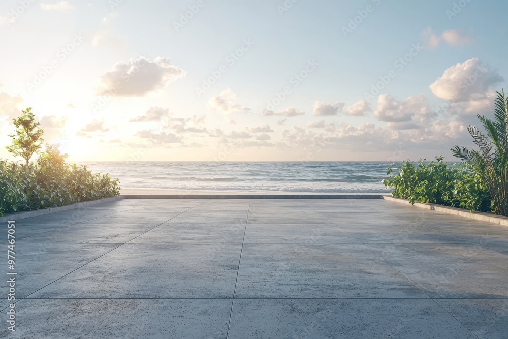 Poster three-dimensional rendering of an empty concrete footpath with a building wall landscape on a sea ba