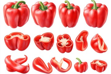 The watercolor set of red peppers is made up of hand-drawn illustrations and images of high quality.