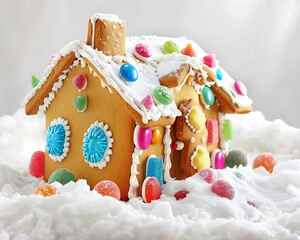 Gingerbread house with colorful candy decorations set on a white background.
