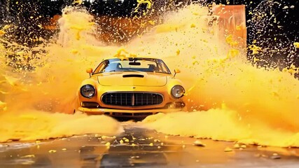 A yellow vintage sports car is splashing through a swirl of orange liquid, creating a dramatic and dynamic effect. - Powered by Adobe