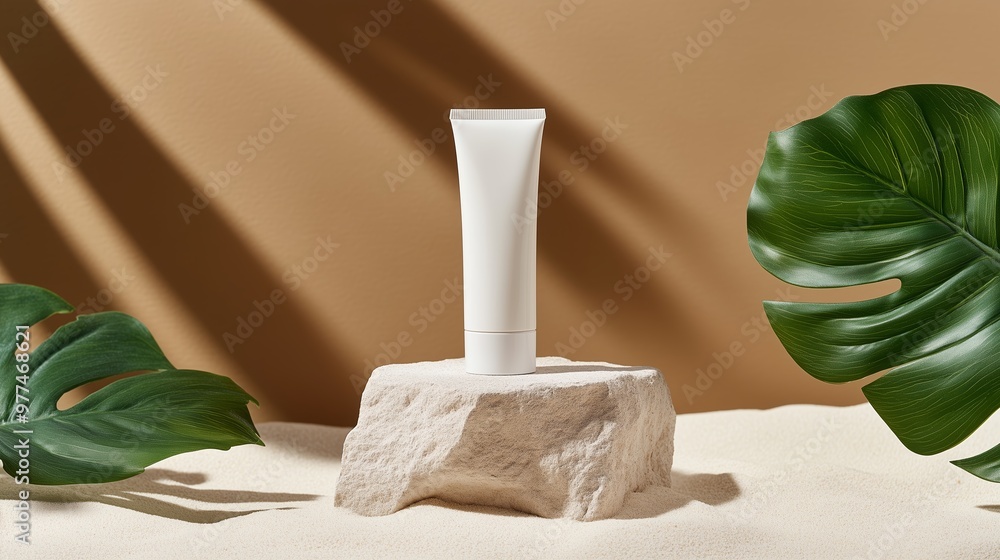 Poster minimalist skincare product displayed on a textured stone in a serene setting with tropical leaves a