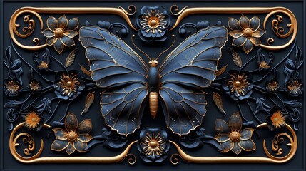 Golden intricate carvings on ancient Thai temple door with detailed patterns and religious motifs, showcasing traditional wood and metal craftsmanship in Asian architecture