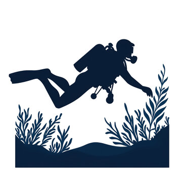 recommend clip art: A silhouette of a diver exploring an underwater scene with marine plants, depicting adventure and ocean life. transparent background