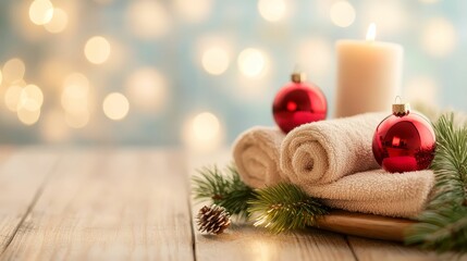 Holiday spa scene with Christmas decorations, a focus on relaxation and selfcare during the season