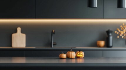Smart home kitchen with Halloweenthemed appliances and lighting, creating a spooky yet modern atmosphere