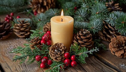 Christmas candle centerpiece surrounded by pine cones red berries and green foliage set on a rustic wooden 