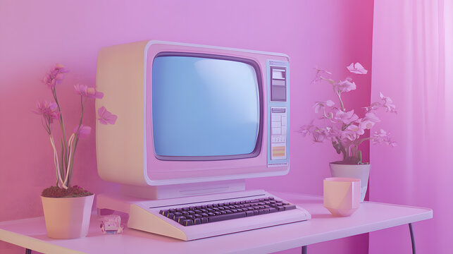 A vintage computer with a bulky monitor, old-school keyboard, and neon accents, evoking a Y2K retro vibe. The image radiates 1990s nostalgia
