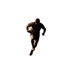 A dynamic rugby player running with a ball, showcasing athleticism and determination in a dramatic, low-light setting. transparent background
