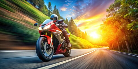 High-performance motorcycle speeding down a winding road, its sleek design and vibrant colors blurring as it zooms past, leaving a trail of motion behind.