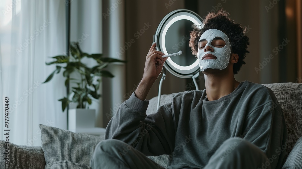 Poster a young man enjoys a relaxing skincare routine at home while using a mirror and wearing a facial mas
